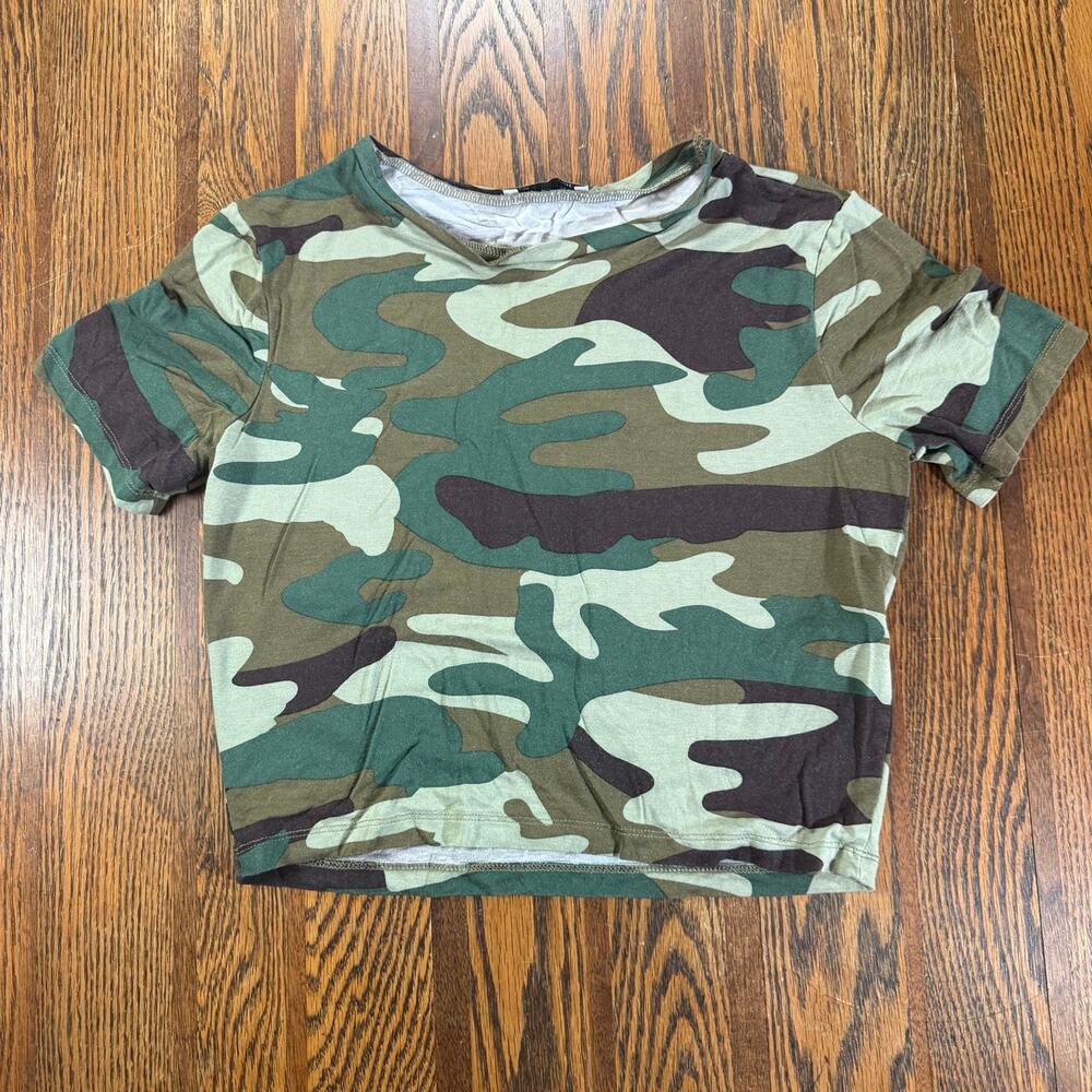 Zara Trafaluc Camouflage Crop T-Shirt Green Camo Short Sleeve Boxy Top Size S